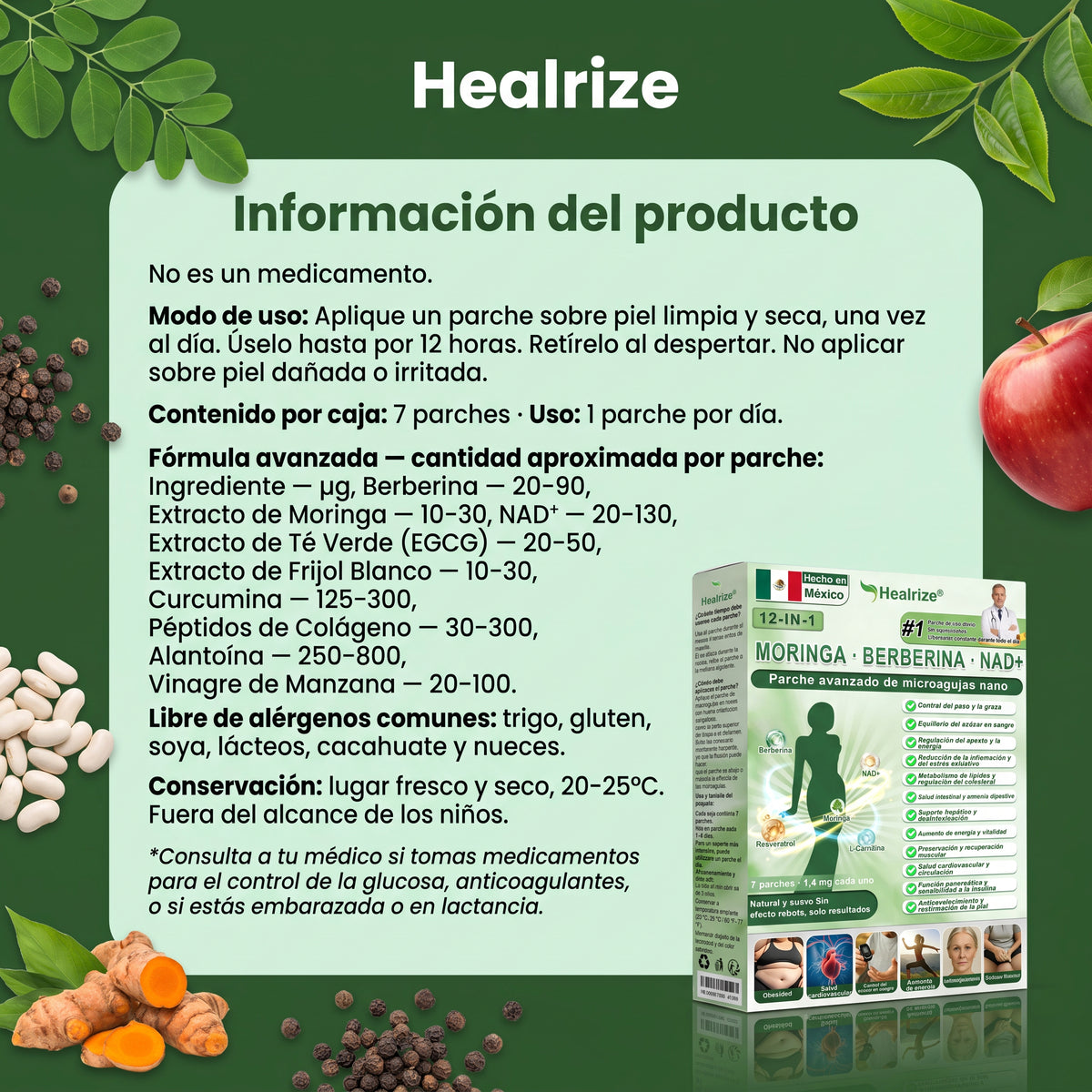 Tienda Oficial | Healrize® 2026 Parche Adelgazante 12-en-1 con Moringa · Berberina × NAD+ 🇲🇽 (Controla el apetito, regula el azucar, previene la diabetes, desaparece tu flacides mientras duermes)